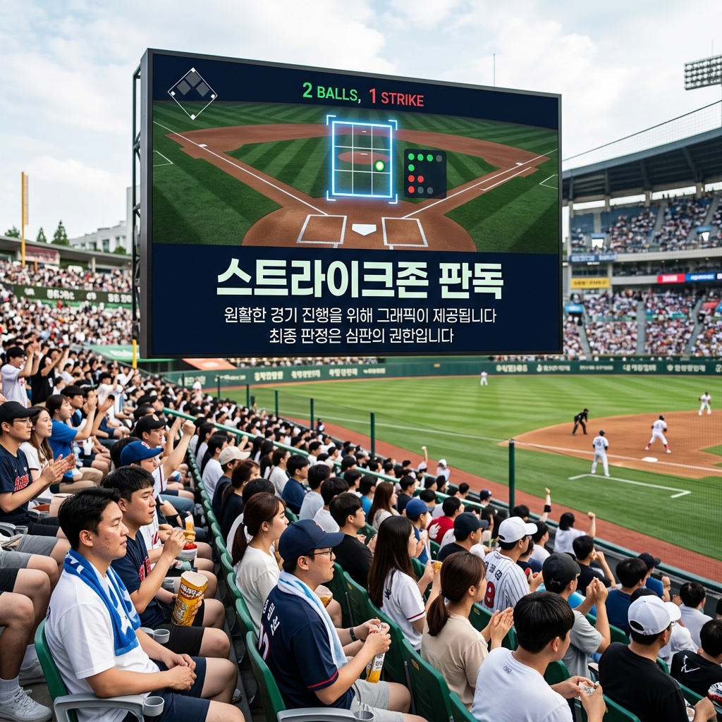 야구장 전광판에 스트라이크존 그래픽이 표시되고 있는 현대적인 경기장 풍경