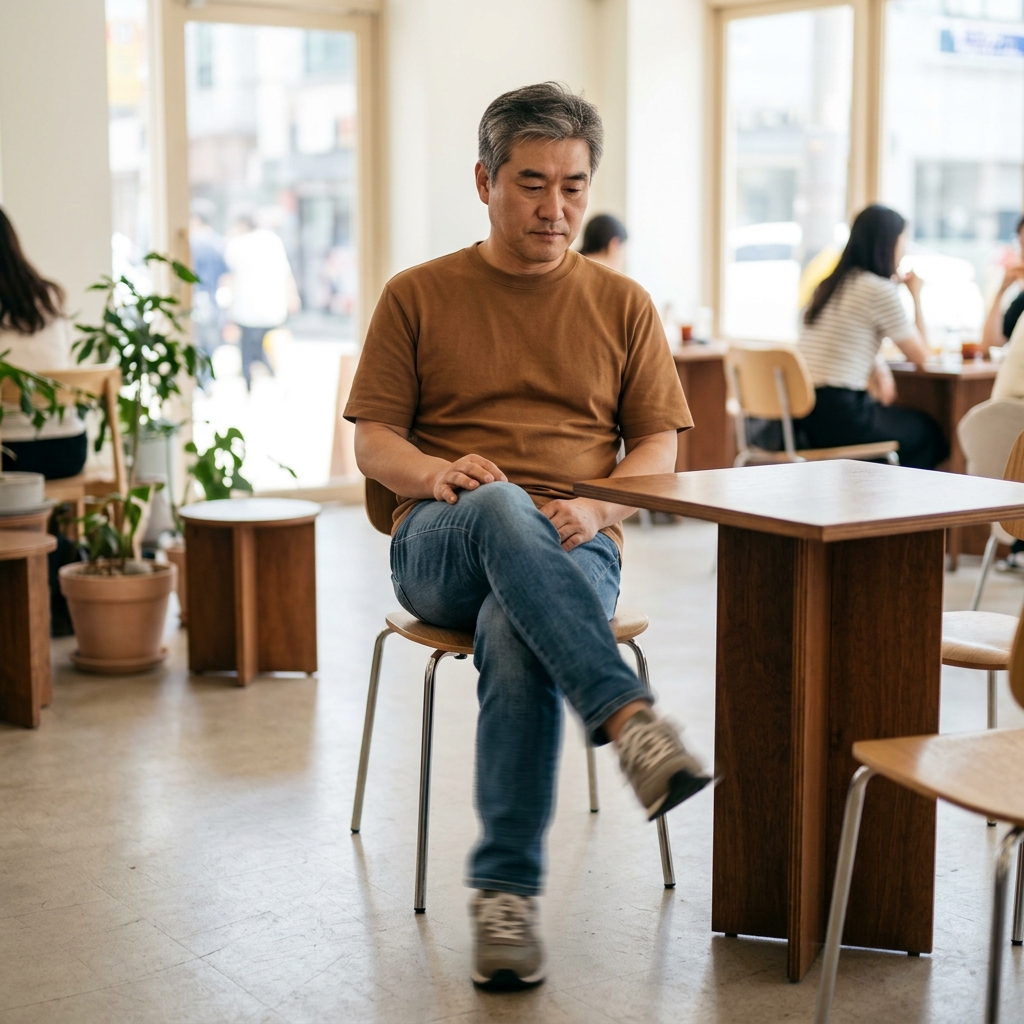 의자에 앉아 자연스럽게 다리를 떠는 한국인의 모습