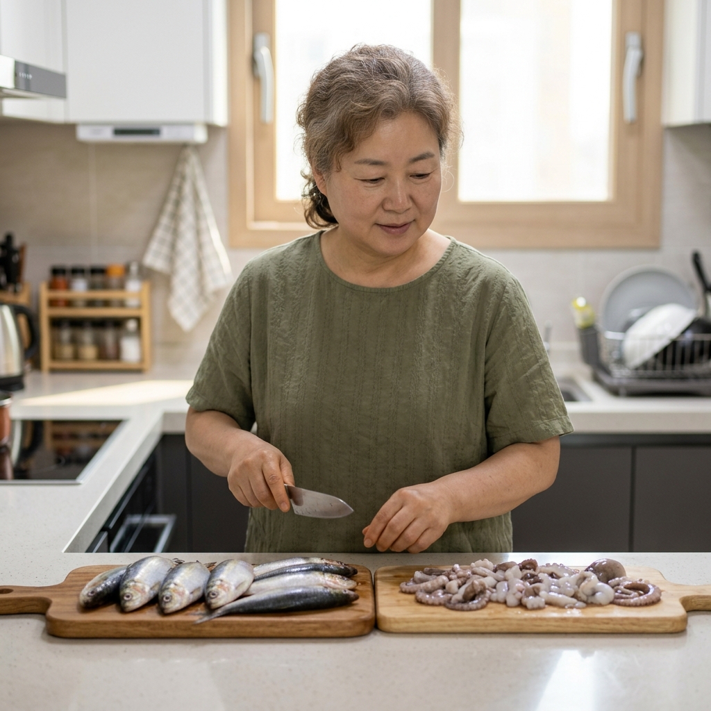 주방 조리대 위 손질된 전어와 낙지가 각각 도마에 놓인 모습, 한국인 중장년 여성이 칼을 잡고 있는 장면