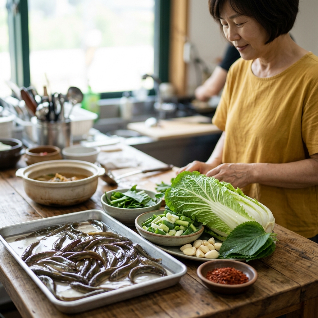 미꾸라지가 들어간 추어탕 재료, 신선한 채소와 함께 놓인 모습