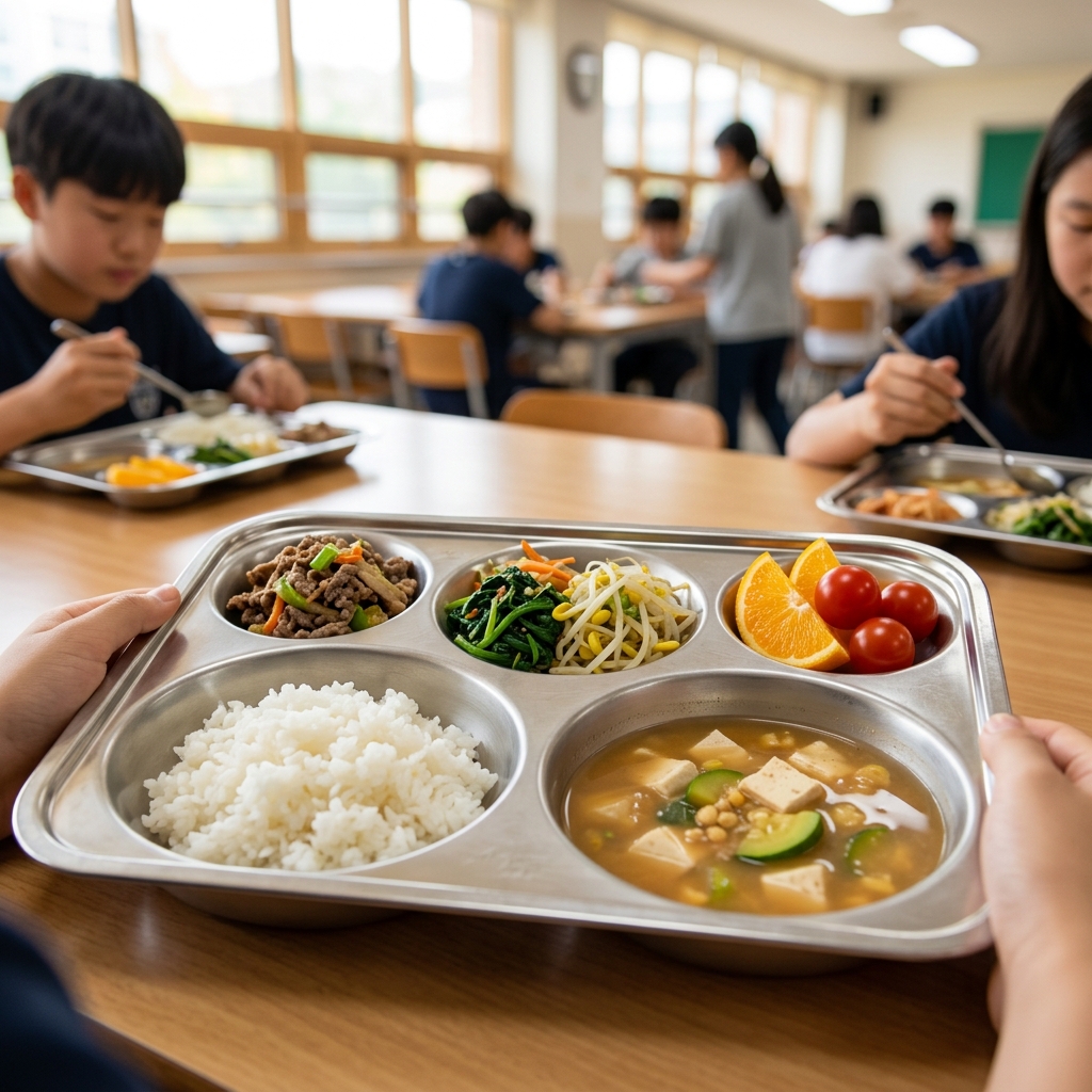 밥, 단백질 반찬, 채소 반찬, 국, 과일이 한 끼 급식 식판에 구성된 모습