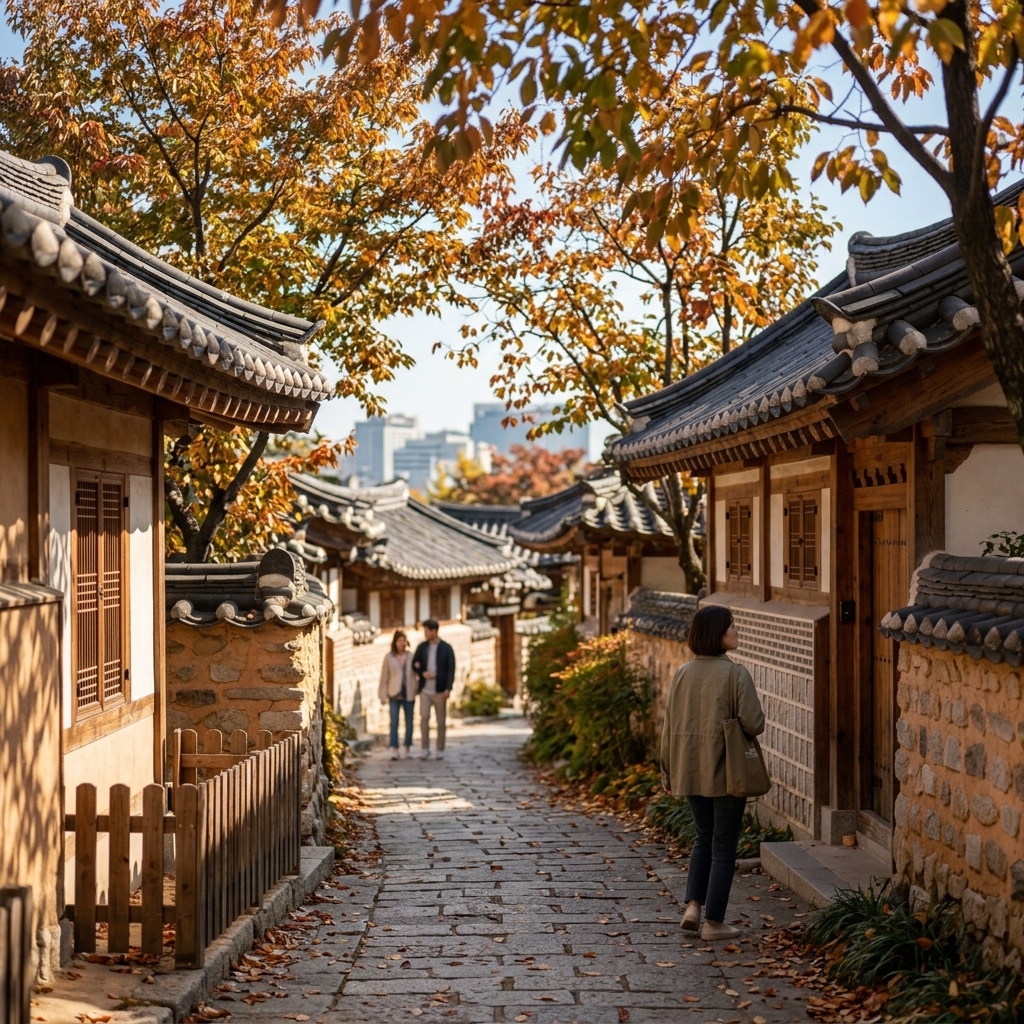 가을 햇살 아래 고즈넉한 한옥마을 풍경