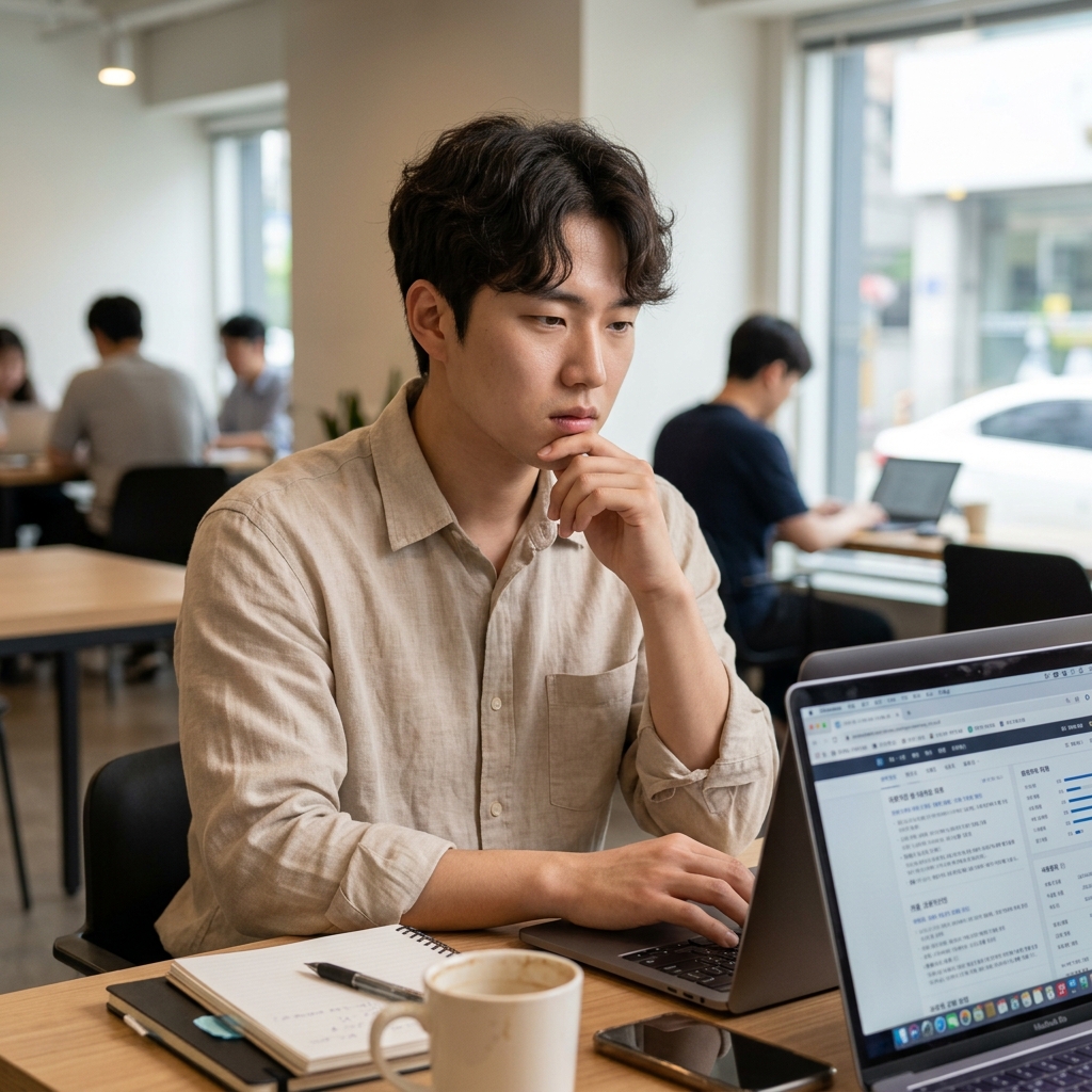 노트북 앞에서 여러 직무 정보를 비교하며 고민하는 한국인 직장인의 모습