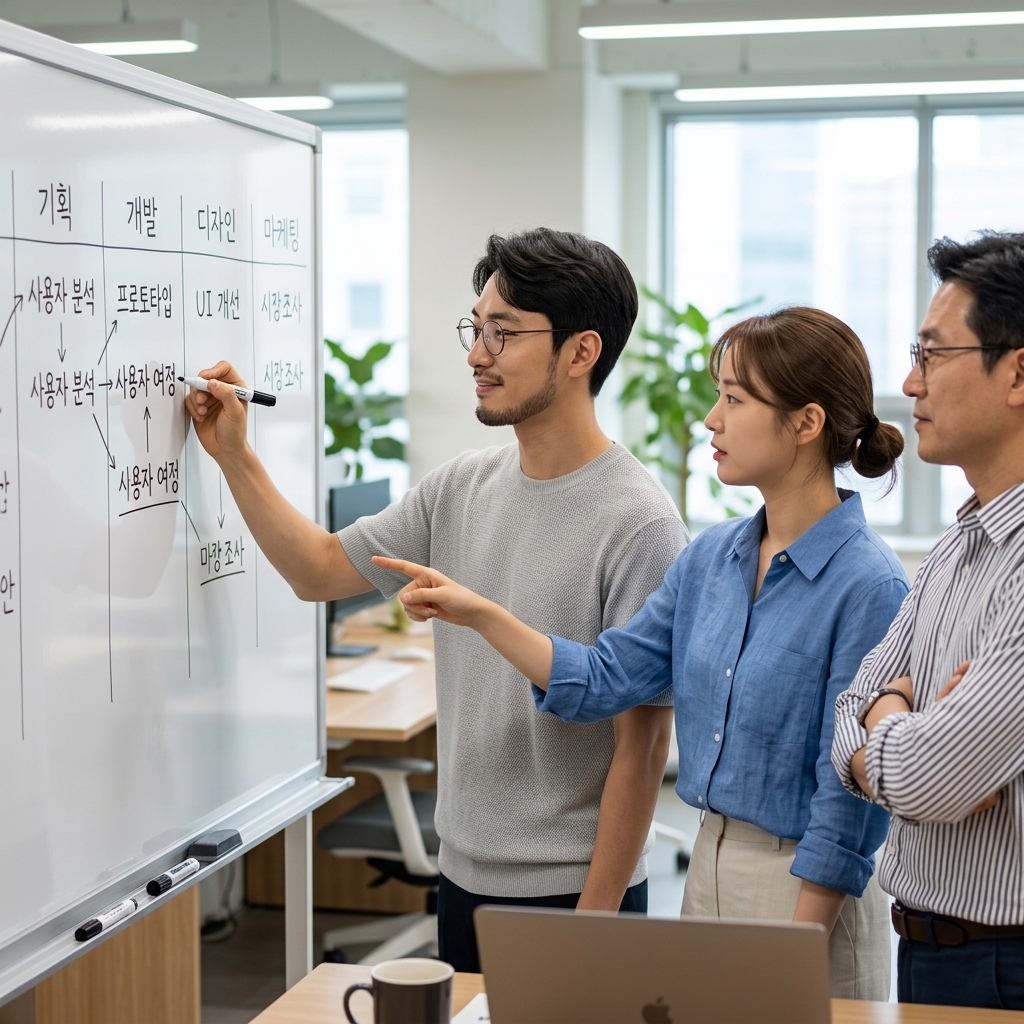 화이트보드에 직무별 키워드를 정리하며 토론하는 한국인 팀원들의 모습