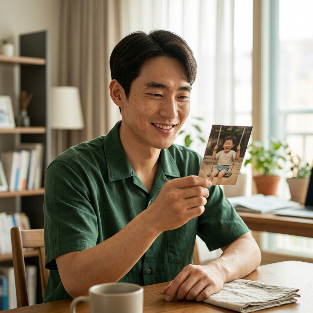 어린 시절 사진을 손에 들고 미소 짓는 성인의 따뜻한 표정