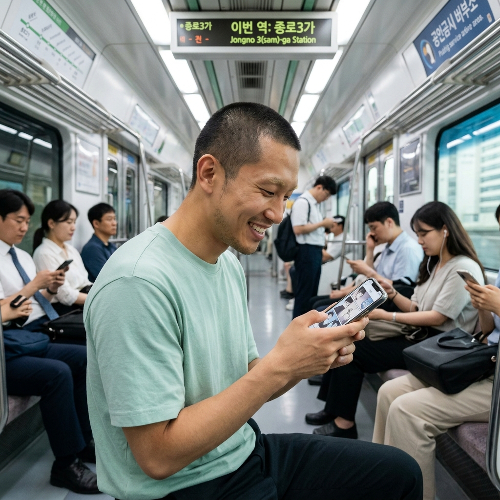 지하철에서 스마트폰으로 웹툰을 보며 미소 짓는 직장인의 모습