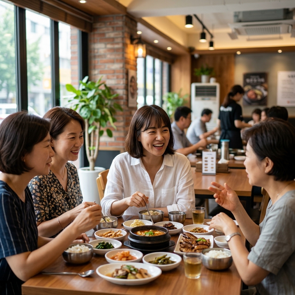 따뜻한 분위기 속에서 오랜 친구들이 함께 식사하며 정을 나누는 자연스러운 장면