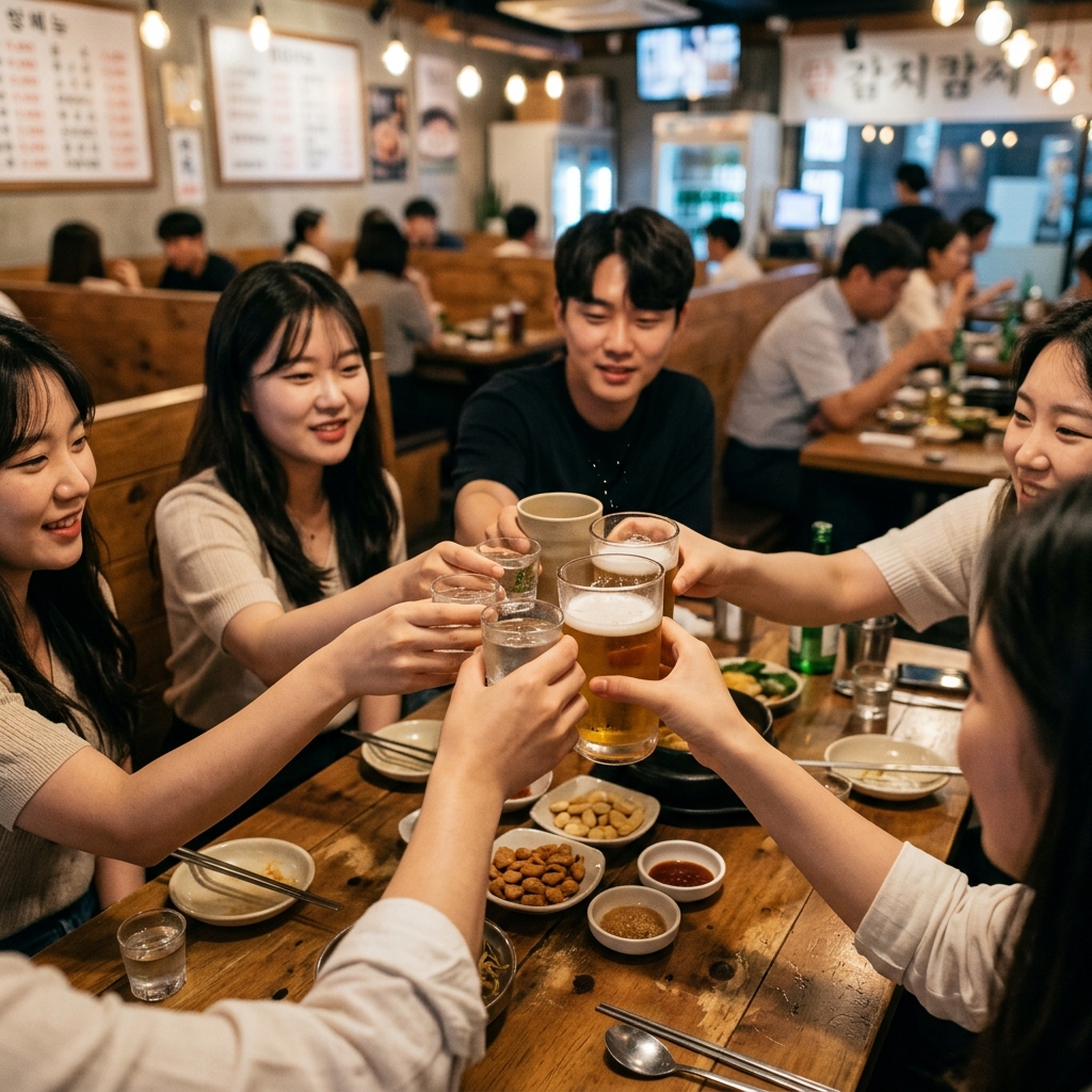 여러 사람이 술잔을 중앙으로 모아 부딪치는 장면