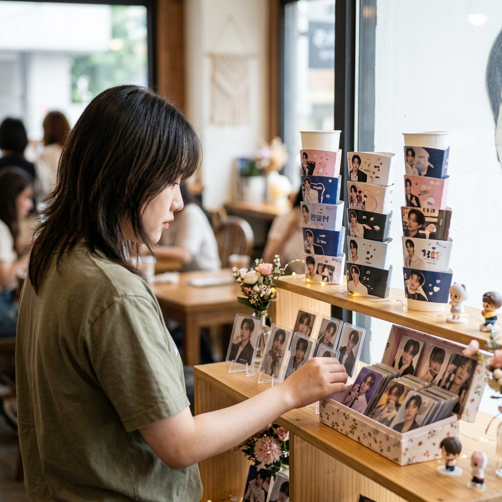 아이돌 생일카페에 전시된 포토카드와 컵홀더