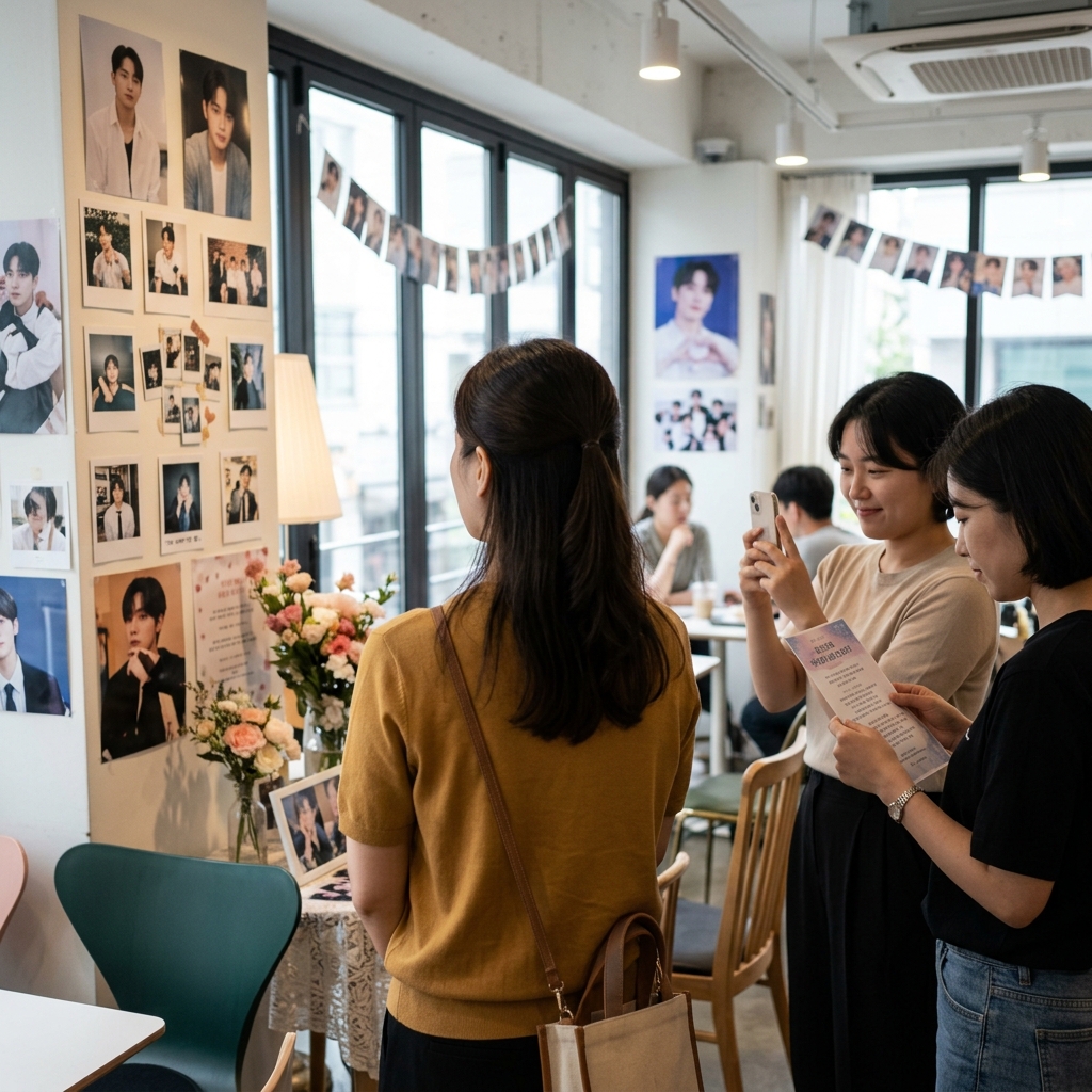 생일카페에서 팬들이 아이돌 사진과 장식을 보는 모습