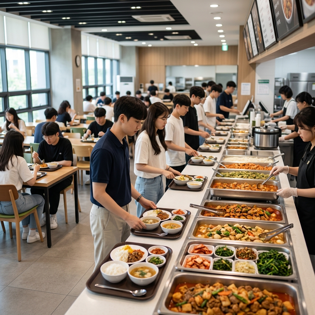 대학교 학생식당 내부 전경과 다양한 메뉴가 진열된 배식대