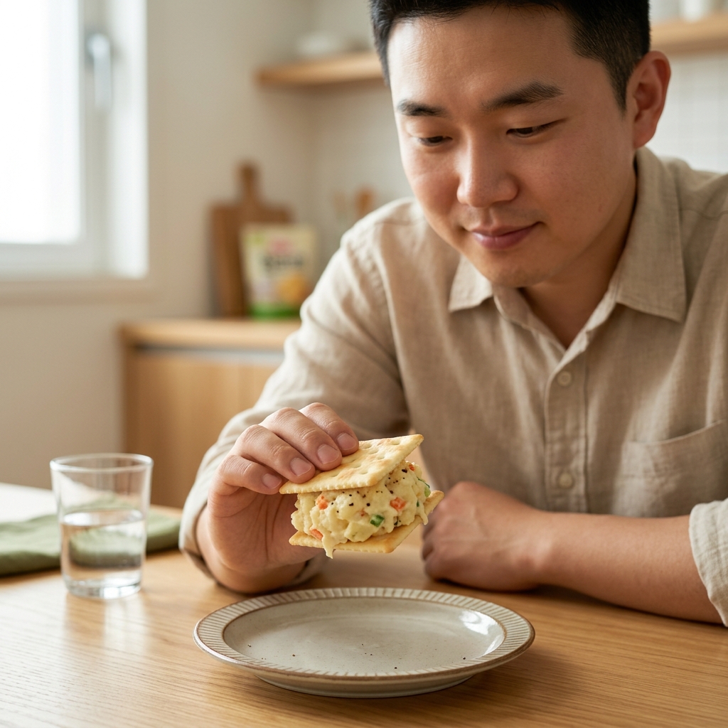 참크래커 사이에 감자 샐러드가 끼워진 샌드위치