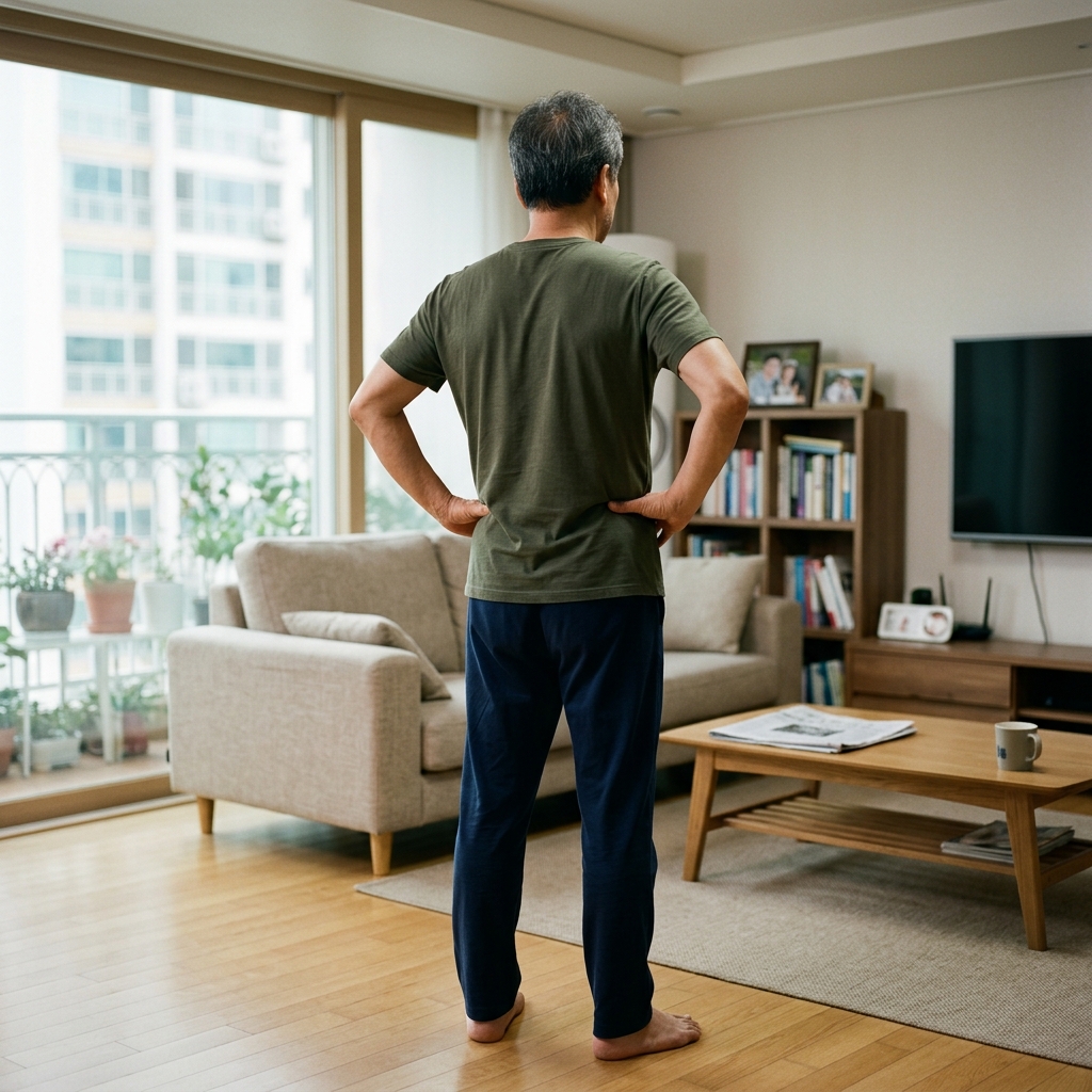 집 거실에서 양손을 허리에 대고 날개뼈를 모으는 동작을 하고 있는 60대 남성의 뒷모습