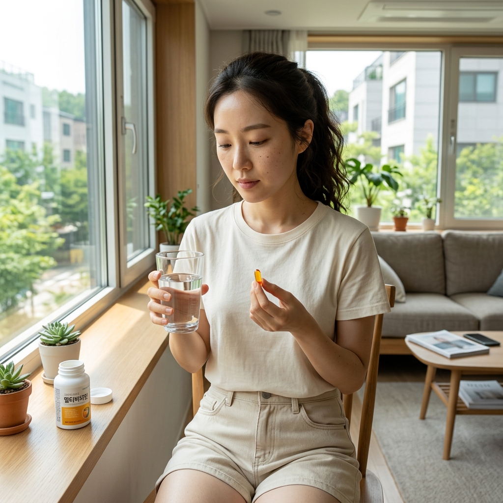 창가에 앉아 물 한 잔과 함께 비타민 캡슐을 손에 든 20대 여성, 밝은 햇살이 창문으로 들어오는 여름날 오전