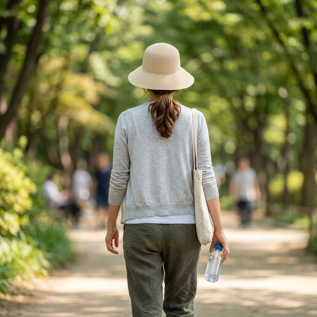 햇살 아래 산책하는 20대 여성의 뒷모습, 긴팔 가디건과 모자를 착용하고 물병을 든 자연스러운 여름 야외 장면