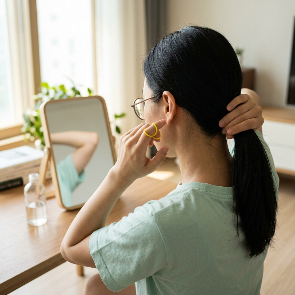 노란 고무줄과 귀 주변 림프 위치를 보여주는 설명 장면