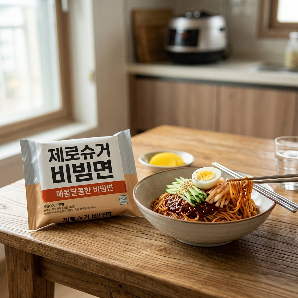 제로슈거 비빔면 포장과 면을 담은 그릇이 나란히 놓인 모습