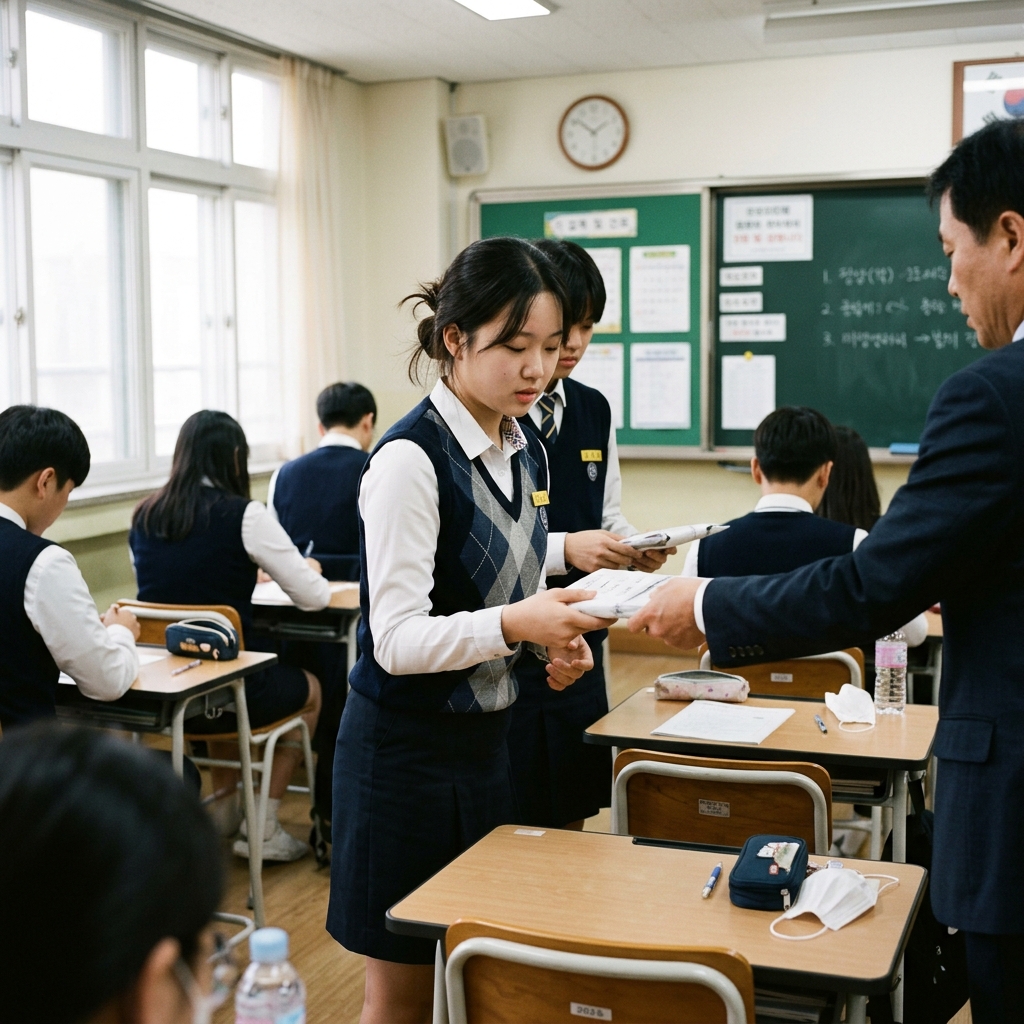 수능 시험장에서 시험지를 받아드는 수험생들의 모습