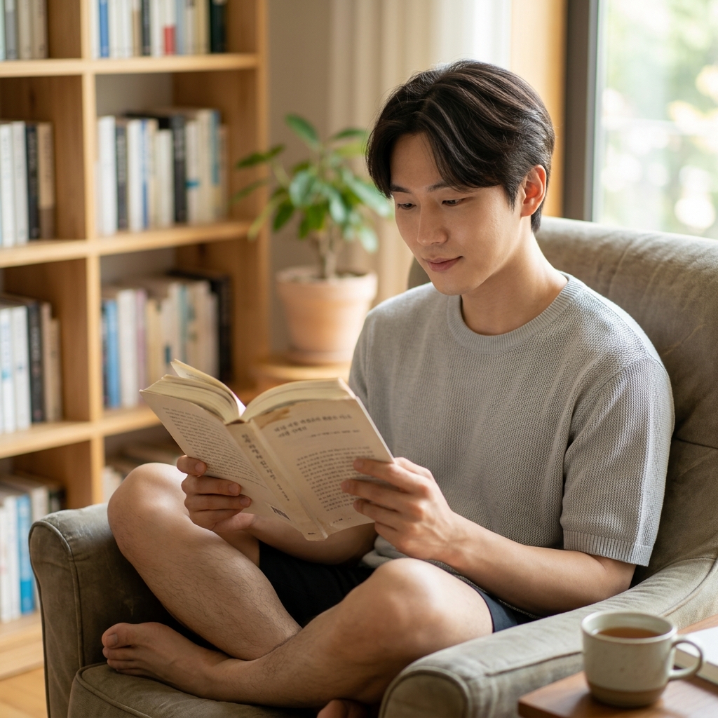 혼자 조용한 공간에서 책을 읽으며 편안해하는 사람