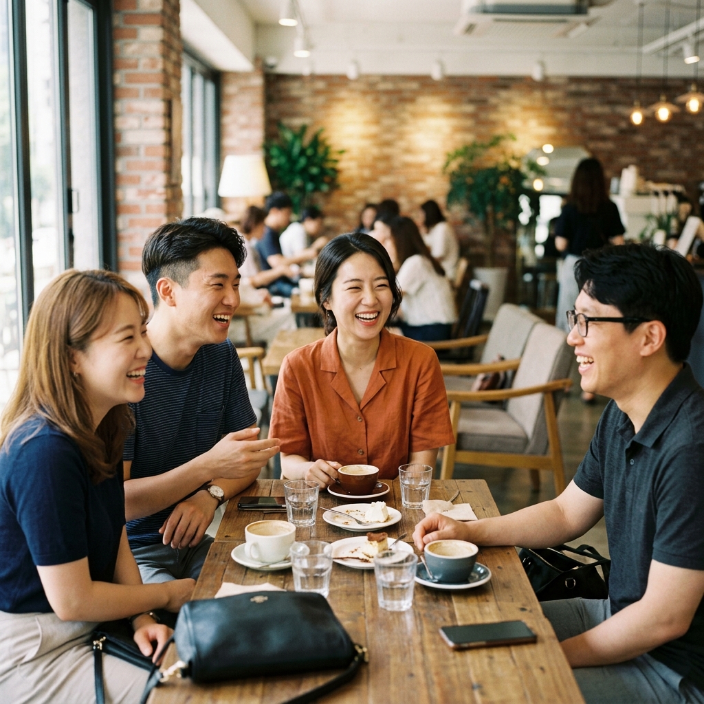 여러 사람과 함께 대화하며 활기차게 웃고 있는 모습