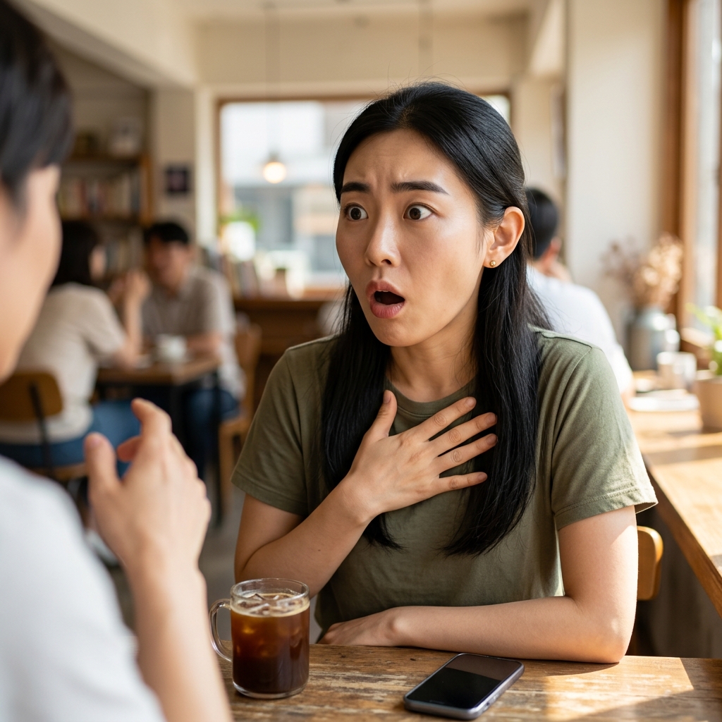 놀란 표정으로 이야기를 듣고 있는 사람의 모습