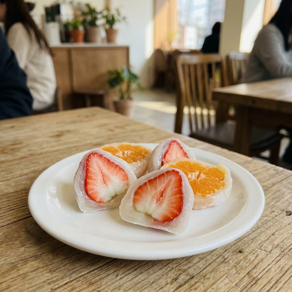 딸기와 귤을 넣은 투명한 찹쌀떡이 접시 위에 놓인 모습