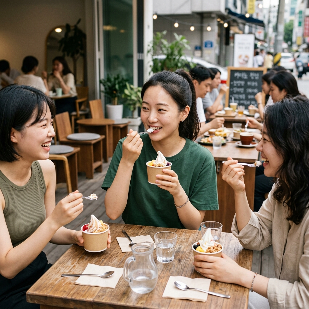 요거트 아이스크림을 먹고 있는 젊은 사람들의 즐거운 모습