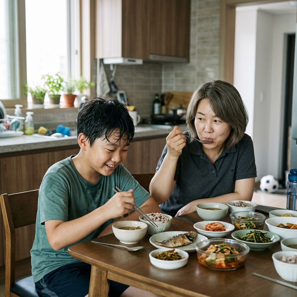 성장기 어린이가 운동하고 건강한 식사를 하는 일상 장면