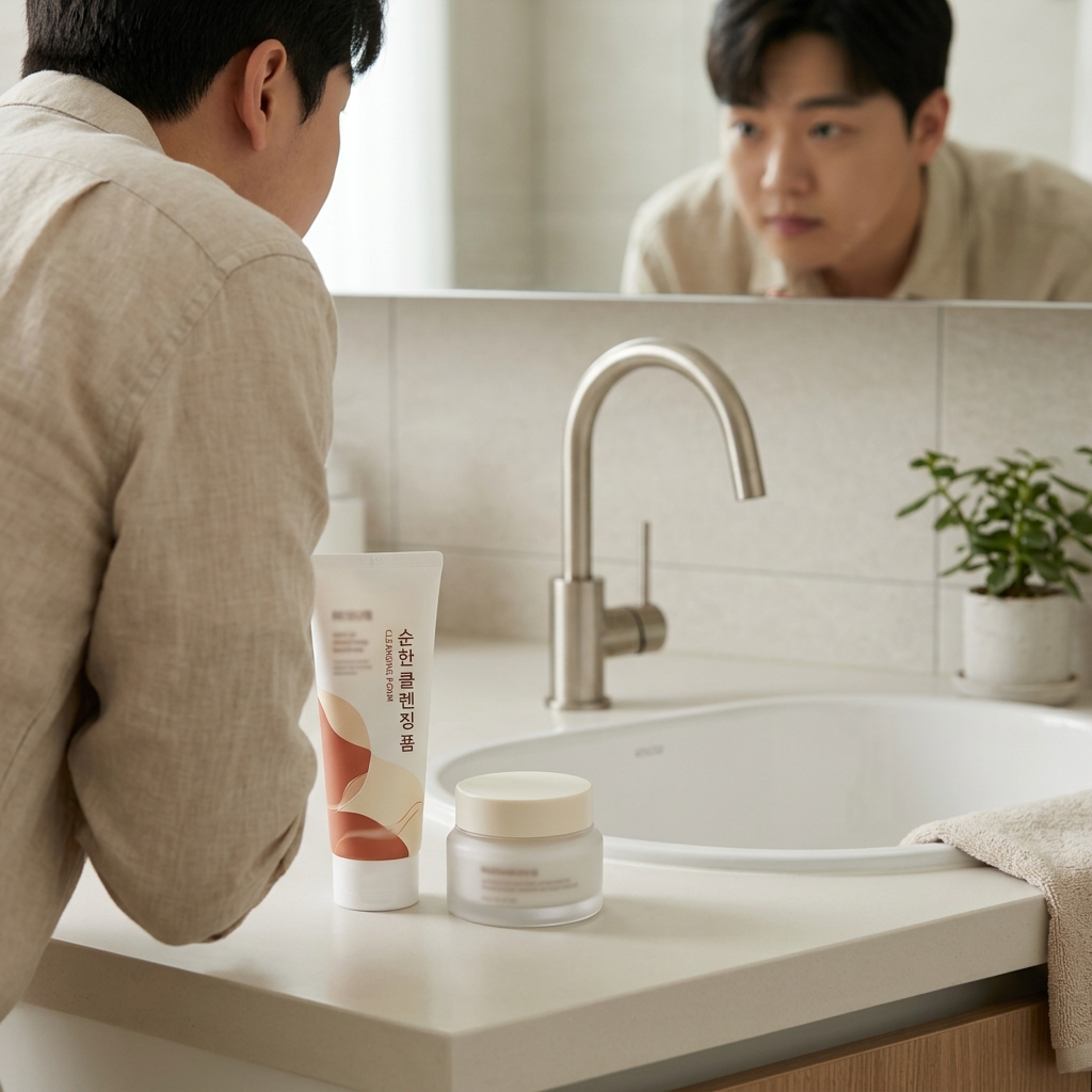 순한 클렌징 폼과 보습 크림이 놓인 세면대