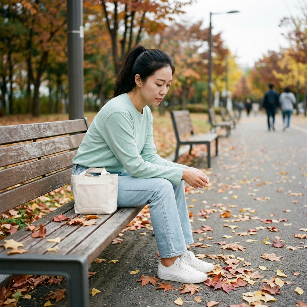 가을 공원 벤치에 앉아 쓸쓸한 표정으로 낙엽을 바라보는 사람