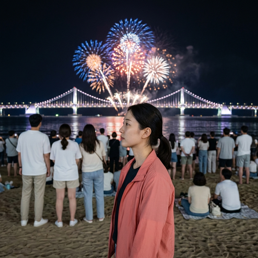 광안리 해변에서 광안대교와 불꽃을 바라보는 관람객들의 모습