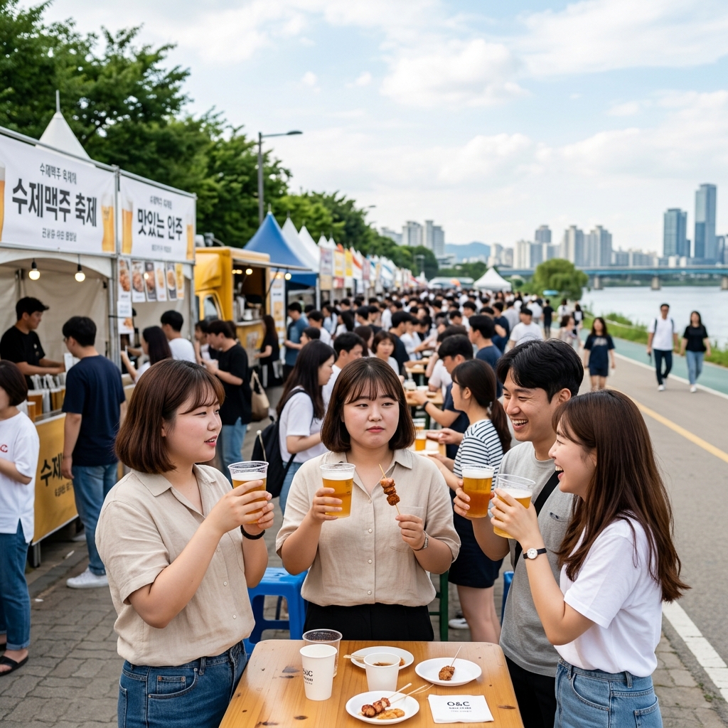 야외 수변공원에서 맥주 축제를 즐기는 사람들