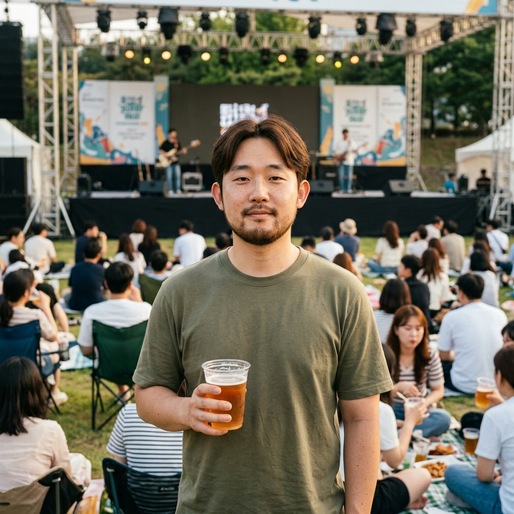수제맥주를 즐기며 야외 공연을 감상하는 모습