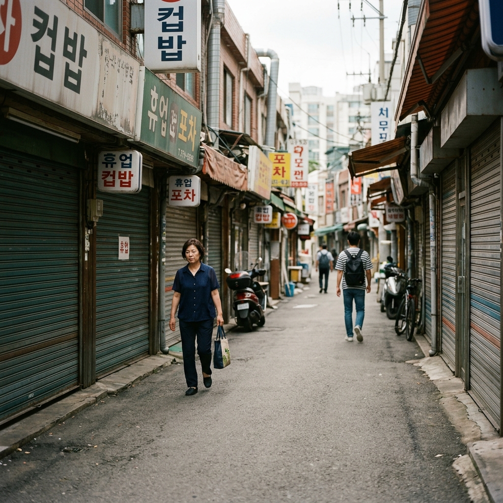 한산한 노량진 컵밥거리 골목 풍경, 닫힌 점포와 드문 행인