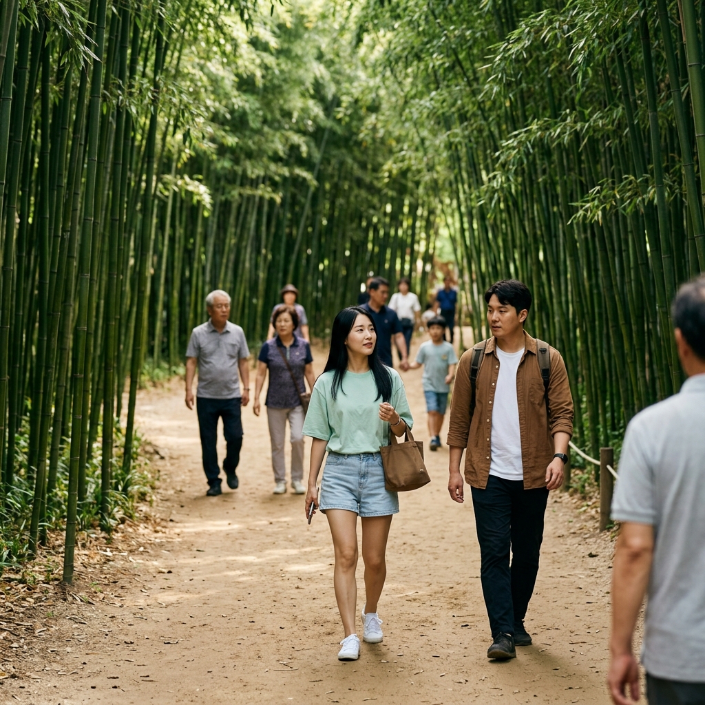 태화강 국가정원의 푸른 대숲과 산책로를 걷는 사람들