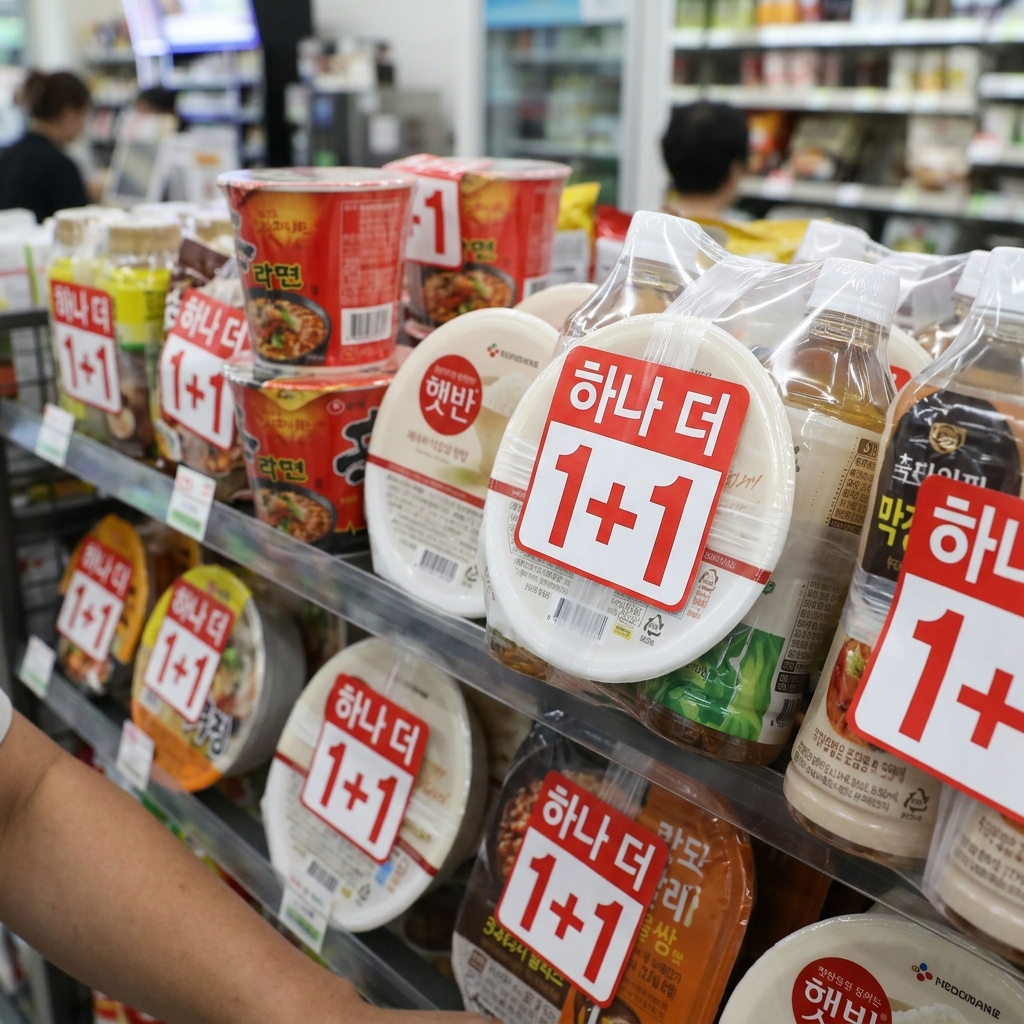 편의점 진열대에 1+1 행사 스티커가 붙은 상품들이 가득 진열된 모습