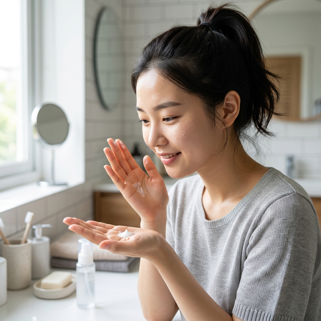미스트 사용 후 크림을 바르는 손 동작