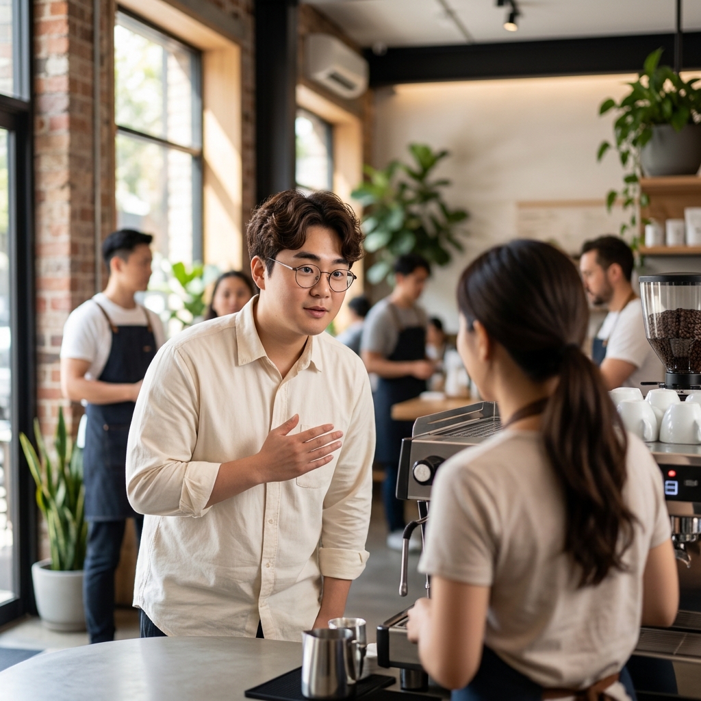 워홀러가 해외 카페에서 첫 출근 인사를 나누는 장면