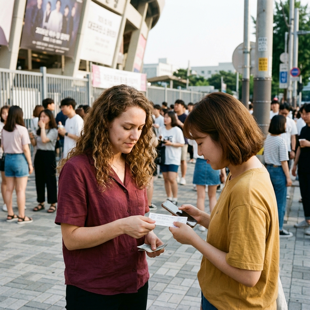 콘서트장 앞 티켓 거래하는 사람들