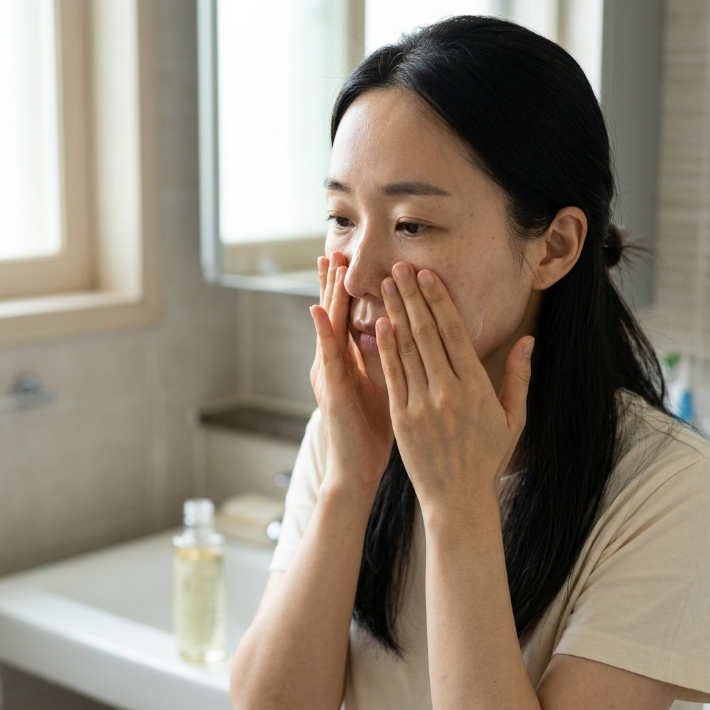 클렌징 오일을 손바닥에 덜어낸 뒤 얼굴에 펴 바르며 마사지하는 클로즈업 장면
