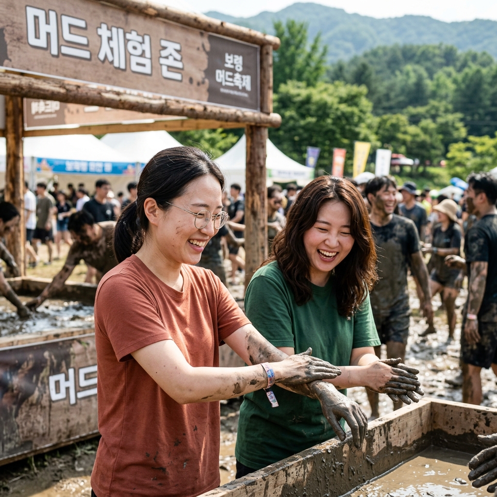 머드 체험존에서 외국인 관광객들이 진흙을 바르며 즐겁게 소통하는 모습