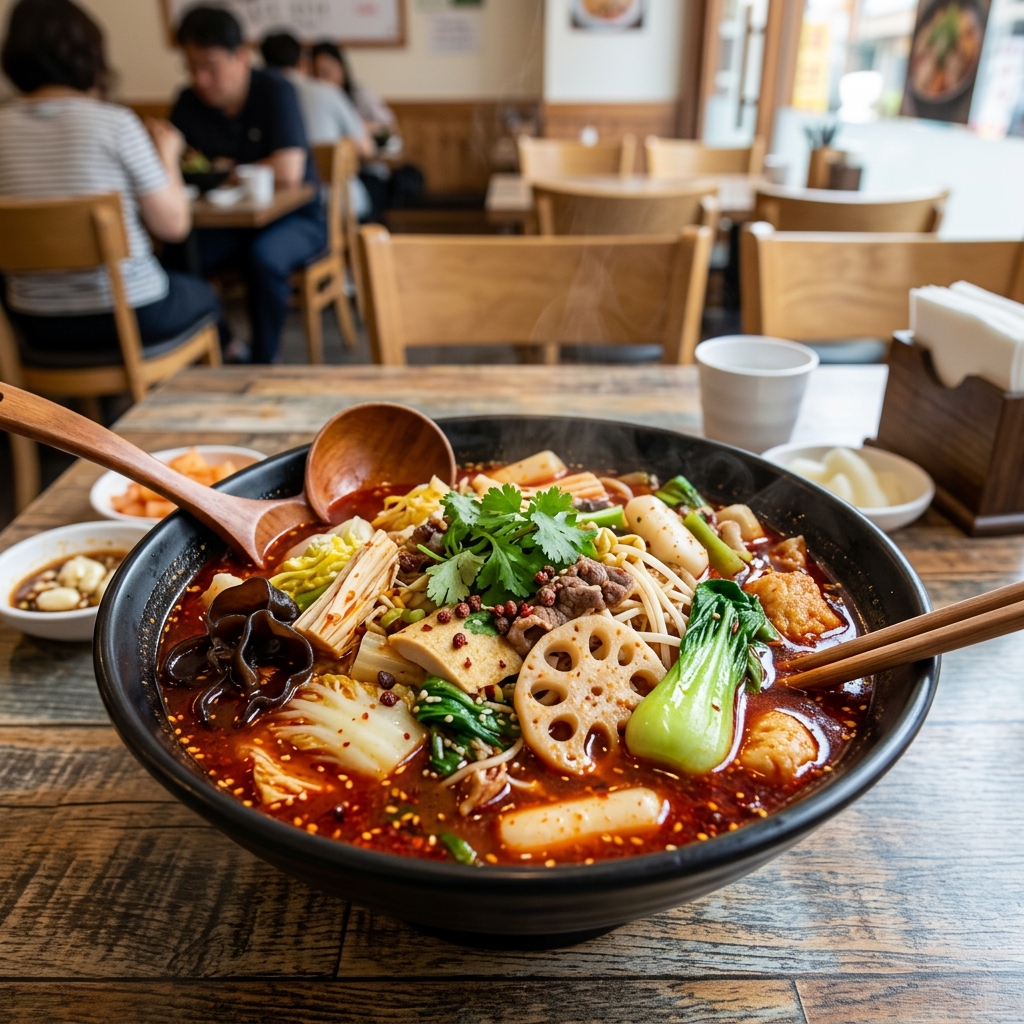 빨간 국물에 야채가 가득 담긴 마라탕 한 그릇