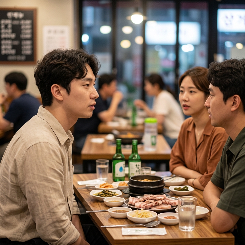 퇴근 후 직장 동료들과 식사하며 대화하는 모습