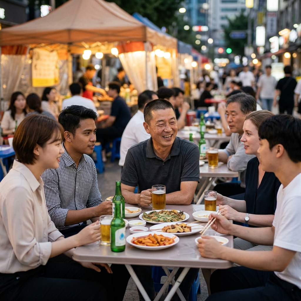여러 나라 직장인들이 각기 다른 스타일로 퇴근 후 모임을 즐기는 장면
