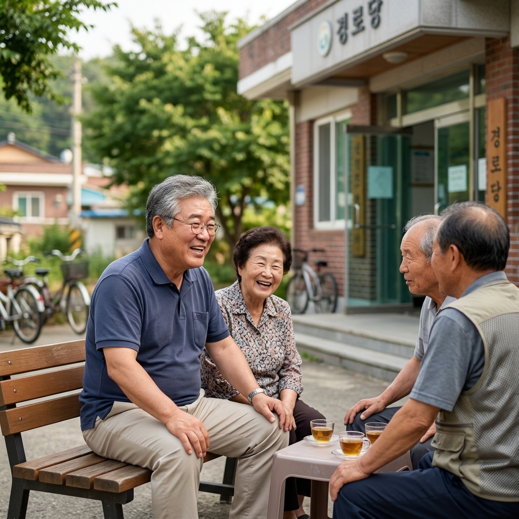 동네 경로당 앞에서 이웃 어르신들과 담소를 나누는 한국인 70대 노인의 모습, 따뜻한 자연광, 편안한 분위기