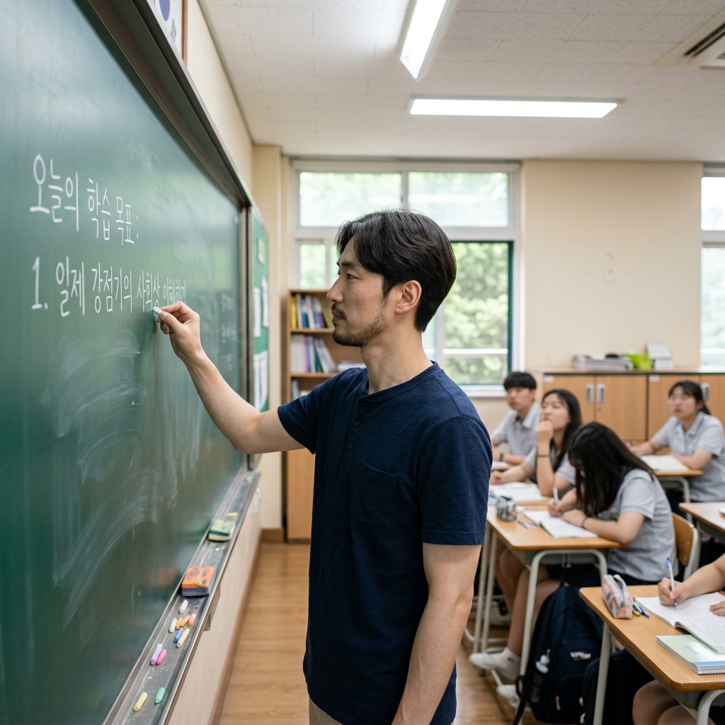 초록색 칠판에 흰 분필로 글씨를 쓰는 교실 장면