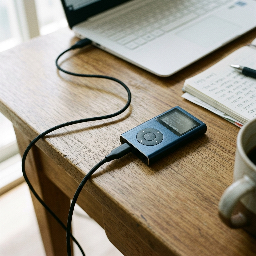 책상 위에 놓인 작은 MP3 플레이어와 USB 케이블이 연결된 장면
