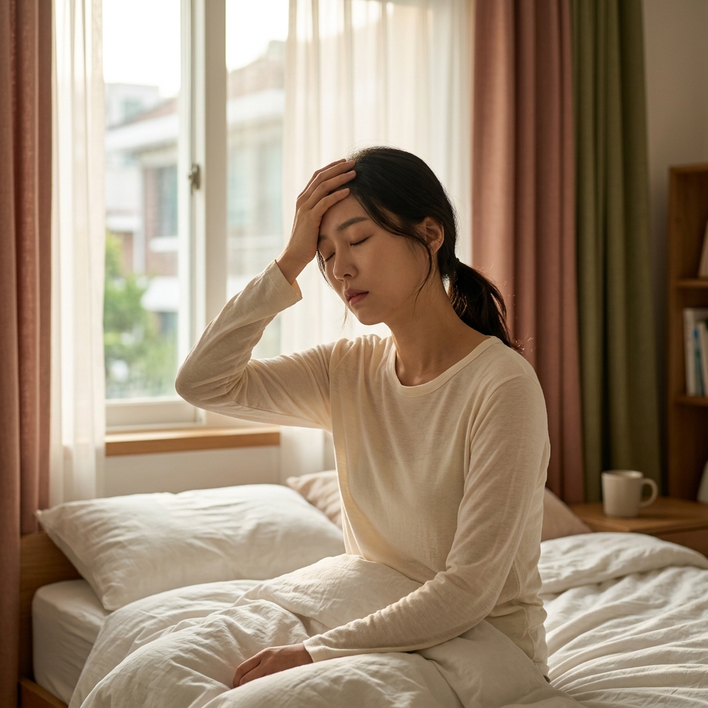 30대 여성이 침대에 앉아 이마에 손을 올리고 피곤한 표정으로 눈을 감고 있는 장면, 얇은 긴팔 셔츠 착용, 창밖으로 부드러운 자연광