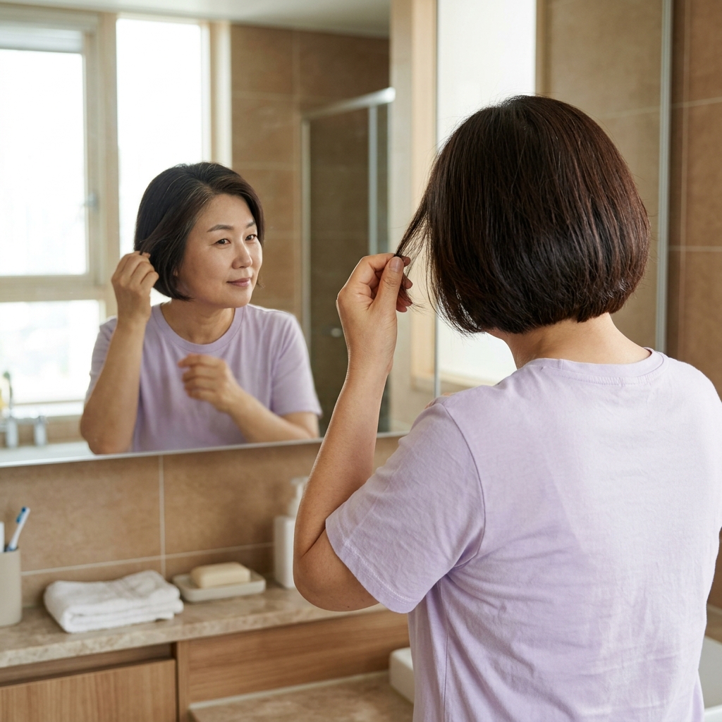 거울 앞에서 머리를 살피며 흰머리를 확인하는 30대 여성, 밝은 실내, 얇은 반팔 셔츠 차림