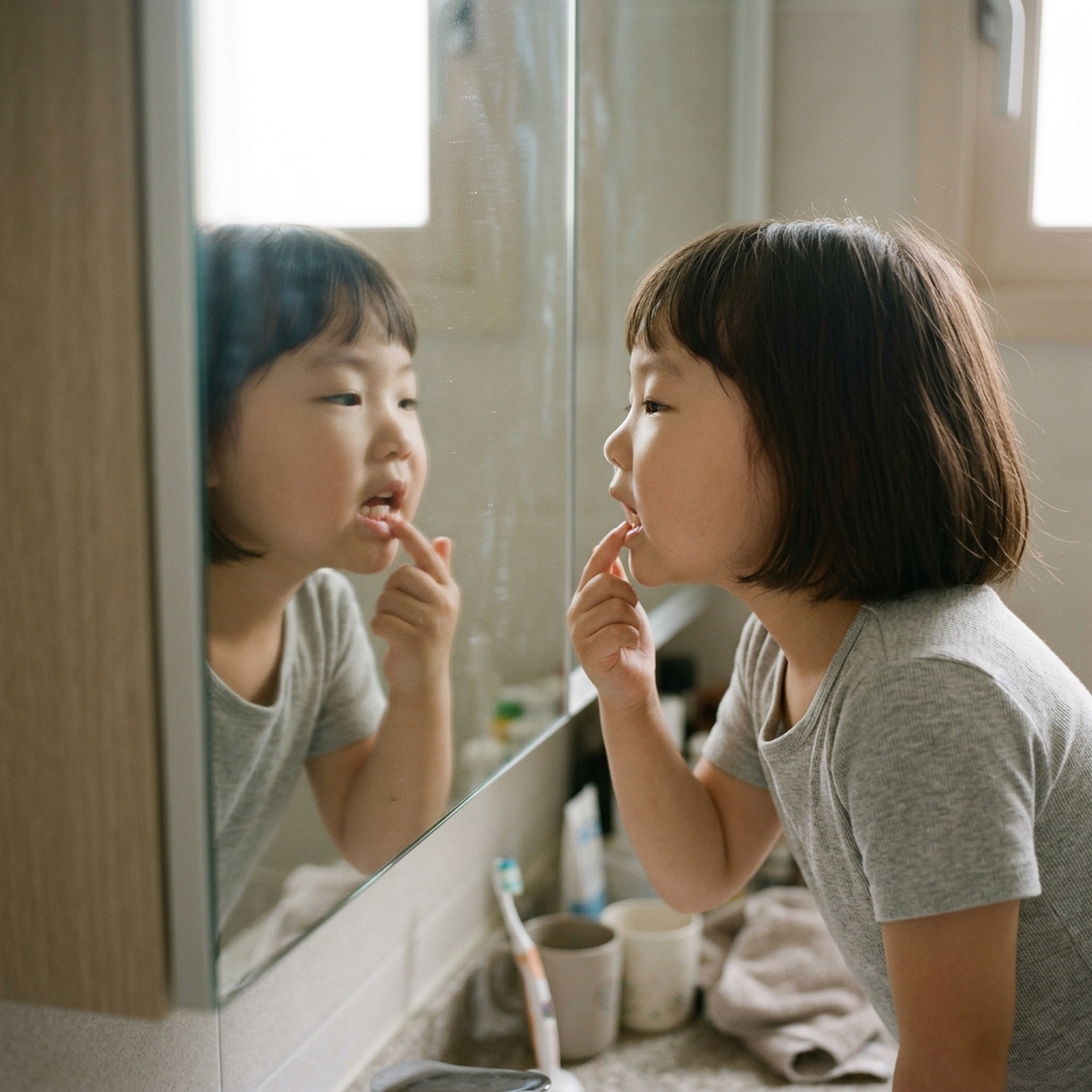 만 6세 한국인 아이가 거울을 보며 아래 앞니를 손가락으로 살짝 만져보는 모습, 실내 자연광, 호기심 가득한 표정